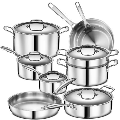 Legend 5 Ply 14 pc All Stainless Steel Heavy Pots & Pans Set | Professional Quality Cookware 5ply Clad Home Cooking & Commercial Kitchen Surface Induction Oven Safe | Non-Teflon PFOA, PTFE & PFOS Free Stainless Steel 5-Ply