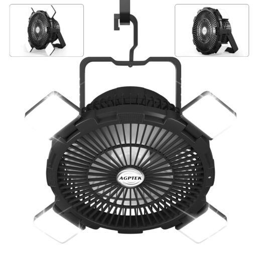 AGPTEK Rechargeable Outdoor Camping Fan - 8000mAh Battery Powered Tent Fan with LED Light & Hook, Portable for Picnics, BBQ, Fishing, Travel, Construction