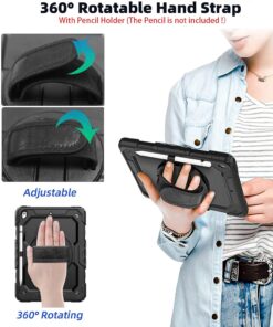 New iPad 9th/8th/7th Generation Case 2021/2020/2019 10.2 Inch with Tempered Glass Screen Protector & Pencil Holder | Rugged Protective Kids iPad 10.2 Case Cover w/Stand Hand Shoulder Strap |Black Black 39 71Ar4 xyiL 1