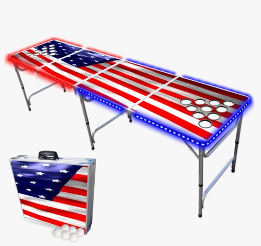 PartyPong 8-Foot Professional Beer Pong Table w/Cup Holes, LED Lights & Pong Balls - America Edition