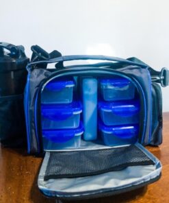 ThinkFit Insulated Meal Prep Lunch Box with 6 Food Portion Control Containers - BPA-Free, Reusable, Microwavable, Freezer Safe - With Shaker Cup, Pill Organizer, Shoulder Strap & Storage Pocket (Blue) Blue 63 71AspdXliML