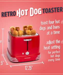 Nostalgia 4 Slot Hot Dog and Bun Toaster with Mini Tongs, Hot Dog Toaster Works with Chicken, Turkey, Veggie Links, Sausages and Brats, Metallic Red Hot Dog Toaster Red 4 Slot 10 71B8q8xnI7L