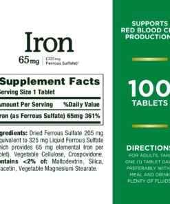 Nature's Bounty Iron 65mg, 325 mg Ferrous Sulfate, Cellular Energy Support, Promotes Normal Red Blood Cell Production, 100 Tablets 100 Count (Pack of 1) 20 71BCVxSkuNL