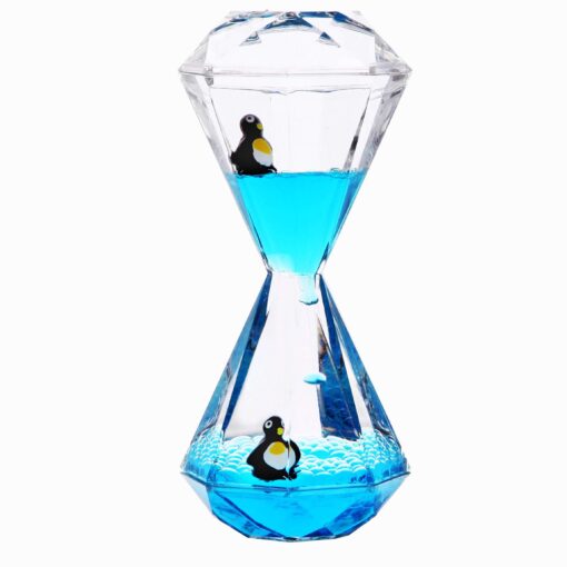 YUE MOTION Liquid Motion Bubbler Timer/Diamond Shaped Liquid Timer for Fidget Toy,Autism Toys, Children Activity, Calm Relaxing,Penguin Desk Toys and Home Ornament Blue Liquid With Penguin Toys