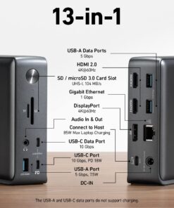 Alternative view of Anker 575 USB-C Docking Station (13-in-1), 85W Charging for Laptop, 18W Charging for Phone, Triple Display, 4K HDMI, 10 Gbps USB-C and 5 Gbps USB-A Data, Ethernet, Audio, SD 3.0