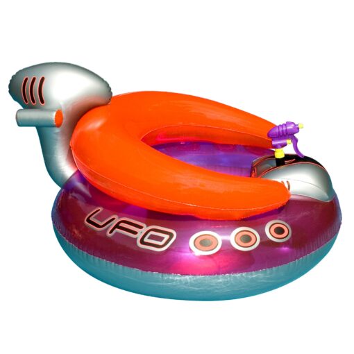 SWIMLINE ORIGINAL Inflatable UFO Spaceship Pool Float Ride On With Fun Constant Flow Laser Ray Gun Water Squirter For Kids , Cool Retro Style, For Beach Ocean Pool Lake , Extra Thick Large Floatie Swimline UFO Spaceship Squirter