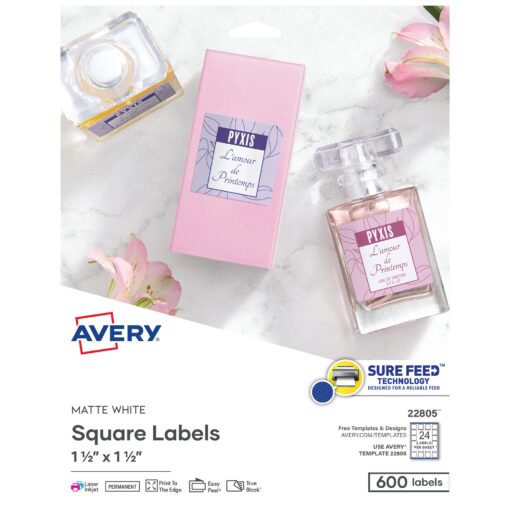 Avery Printable Blank Square Labels, 1.5" x 1.5", Matte White, 600 Customizable Labels (22805), 1.5 x 1.5