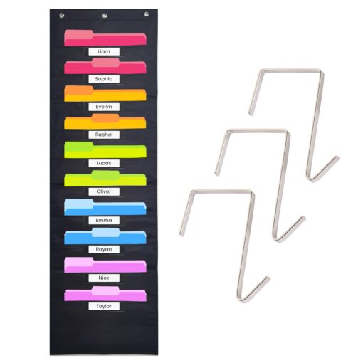 Black Pocket Chart for Classroom - 10 Pocket Storage Rainbow Pocket Charts , 3 Over Door Hangers Included, Hanging Wall File Organizer for File Folders, School Mailbox, Home/Office Papers Black - (10 Name Tag Pockets)