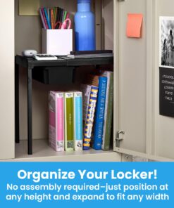 LockerMate Adjust-A-Shelf Locker Shelf & Organizer, Extends to Fit Your Locker, Includes Storage Drawer, Black Shelf with Drawer 8 71Bc89zcTqL