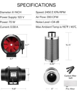 VIVOSUN Ventilation Kit 6 Inch 390 CFM Inline Duct Fan with 6" x 16"Carbon Filter Odor Control System with Australia Virgin Charcoal for Grow Tent Ventilation R6 w/ Carbon Filter 29 71Bhrff00fL