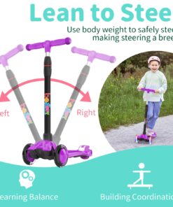 BELEEV A2 Scooters for Kids 3 Wheel Kick Scooter for Toddlers Girls Boys, 4 Adjustable Height, Lean to Steer, Light up Wheels, Extra-Wide Board, Easy to Assemble for Children Gift Sport Toys Ages 3-12 Purple 19 71BjSSTfWLL