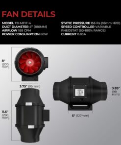 Alternative view of TerraBloom 4 Inch (100 mm) Inline Fan - 188 CFM Exhaust Duct Fan, Built-In Speed Controller, ETL Listed, Pre-Wired 6 FT Grounded Cord - For Use In Grow Tents With Carbon Filters, Fixtures, Attics 4" Inline Fan (188 CFM)