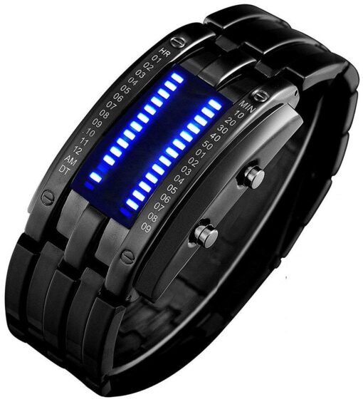 FANMIS Creative Mens Binary Matrix Blue LED Digital Watch Fashion Classic Black Plated Waterproof LED Backlight Bracelet Watches