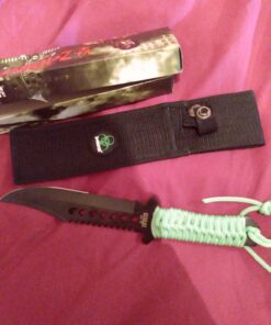 Z-Hunter – Fixed Blade Survival Knife – Partially Serrated Black Steel Blade with Sawback, Full Tang, Green Cord Wrapped Handle w/Lanyard, Nylon Sheath, Outdoor, Hunt, Camp, Hike, Survival, ZB-103 37 71BlGGnv2LL
