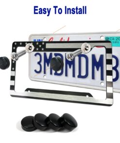 Aootf American Flag License Plate Frames- Patriotic USA Car Tag Cover, 2 Pack 4 Hole Thin Matte Black Brushed Aluminum Plastic Composite Holder for Front/Rear, Screws Caps with Blue Line Decal 15 71BrrgipfjL