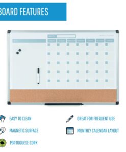 MasterVision Magnetic Dry Erase Monthly Calendar Planner Push Pin Corkboard Combo with Marker Tray, 24" x 36", Gray Plastic Frame, White, MB0707186P 24" x 36" 22 71BsQmxqWrL 1