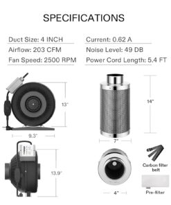 VIVOSUN Ventilation Kit 4 Inch 203 CFM Inline Duct Fan with 4"x 14" Carbon Filter Odor Control System with Australia Virgin Charcoal for Grow Tent Ventilation Z4 w/ carbon filter 31 71BskpqYlUL