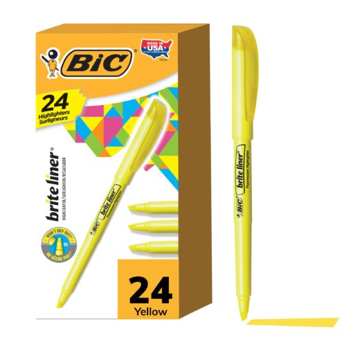 BIC Brite Liner Highlighters, Chisel Tip, 24-Count Pack of Yellow Highlighters, Ideal Highlighter Set for Organizing and Coloring 1 Count (Pack of 24)