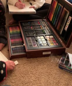 Art 101 Doodle and Color 142 Pc Art Set in a Wood Carrying Case, Includes 24 Premium Colored Pencils, A variety of coloring and painting mediums: crayons, oil pastels, watercolors; Portable Art Studio Multicolor 34 71C0n8daFjL
