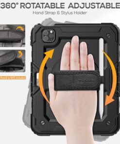 SEYMAC iPad Pro 11 Case 4th/ 3rd/ 2nd/ 1st Gen (2022/2021/2020/2018), Full-Body Shockproof Protective Case with Screen Protector, Rotating Stand, Hand/Shoulder Strap, 2nd Gen Pencil Charging, Black For iPad Pro 11 10 71CI74gz3GL