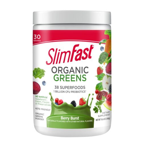 SlimFast Greens Powder, Green Superfoods with Organic Wheat Barley Grass, Flax Seed & Inulin, Oat Fiber Supplement, 1 Billion CFU Probiotics, Probiotic Multi Enzyme- Berry Burst, 30 Servings Organic Greens