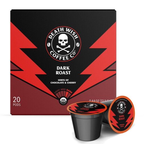 Death Wish Coffee Single Serve Pods - Extra Kick of Caffeine - Dark Roast Coffee Pods - Made with USDA Certified Organic, Fair Trade, Arabica and Robusta Beans (20 Count) 20 Count (Pack of 1)