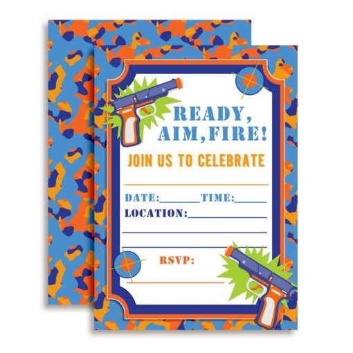 Dart Gun Birthday Party Invitations, 20 5"x7" Fill In Cards with Twenty White Envelopes by AmandaCreation