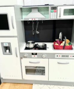 Amazon Basics Kids Upright Wooden Kitchen Toy Playset with Stove, Oven, Sink, Fridge and Accessories, for Toddlers, Preschoolers, Children Age 3+ Years, White & Gray, 39"L x 11.8"W x 39'H' Upright Kitchen 38 71CqZGV 8uL