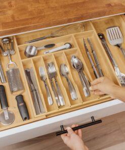 KitchenEdge Premium Silverware, Flatware and Utensil Organizer for Kitchen Drawers, Expandable to 28 Inches Wide, 10 Compartments, 100% Bamboo From 16" to 28" wide Natural Bamboo 21 71CqkYMe2L