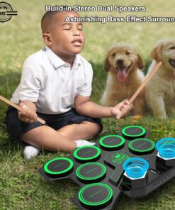 Portable Electronic Drum Set, MAZAHEI 9 Pads Electric Drum Kit with Dual Build-in Speaker, Kick Pedals, Drum Sticks, Ideal Gifts for Kids Beginners, Birthday & Christmas Green 16 71CscQBMWKL