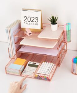 gianotter Paper Letter Tray Organizer with File Holder, 4-Tier Desk Accessories & Workspace Desk Organizers with Drawer and 2 Pen Holder for Office Supplies (Rose Gold) Rose Gold 27 71CuAw1JML 1