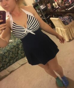 COCOSHIP Vintage Sailor Pin Up Swimsuit Retro One Piece Skirtini Cover Up Swimdress(FBA) Large Navywhite(fast Ship) 43 71CuZ5c frL