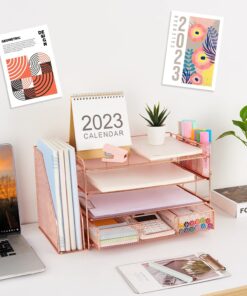 gianotter Paper Letter Tray Organizer with File Holder, 4-Tier Desk Accessories & Workspace Desk Organizers with Drawer and 2 Pen Holder for Office Supplies (Rose Gold) Rose Gold 30 71Cw 8nmD2L 1