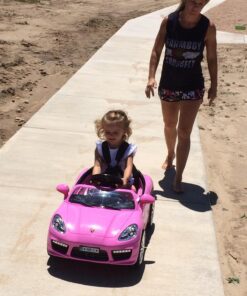 Moderno Kids Kiddie Roadster 12V Power Children Ride-On Car with R/C Parental Remote + Leather Seat 5 Point Seat Belt + LED Wheels + MP3 USB Music Player + Baby Tray Table + Rubber Floor Mats (Pink) Pink 57 71D3b96udL