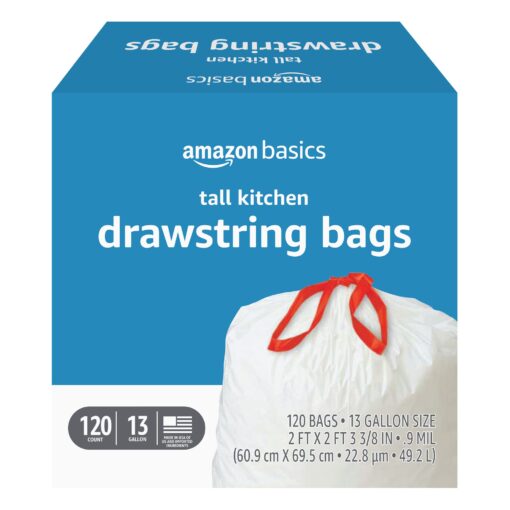 Amazon Basics Tall Kitchen Drawstring Trash Bags, 13 Gallon, Unscented, 120 Count (Previously Solimo) 120 Count (Pack of 1)