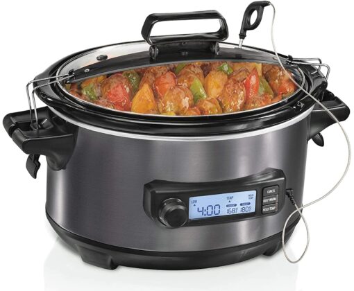 Portable 6 Quart Slow Cooker - with Lid Lock, Temperature Probe