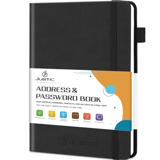 JUBTIC Address book with Alphabetical Tabs, Hardcover Password Keeper and Telephone Book Address Organizer Record Contacts, Internet Login Address Log book Journal Notebook for Home or Office-Black Medium (5.2 x7.7 Inch) Black