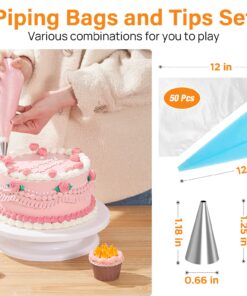 Kootek 71PCs Cake Decorating Supplies Kit with Cake Turntable, 12 Numbered Icing Piping Tips, 2 Spatulas, 3 Icing Comb Scraper, 50+2 Piping Bags, and 1 Coupler for Baking White 25 71DPLBgGq2L