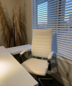 Amazon Basics High-Back Executive Swivel Office Desk Chair with Ribbed Puresoft Upholstery, Lumbar Support, Modern Style, 23.9"D x 24.69"W x 41.5"H, Stunning White 38 71DSSKKo02L