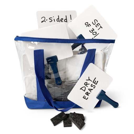 30 Quick Response Whiteboards Combo in a Tote Bag & Mini-erasers, Blue Handles | Super-Sturdy Dry-Erase, Two-Sided Answer Boards, Easy to Hold and Clean (5.9" x 7.75")