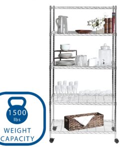 Seville Classics 5-Tier Steel Wire Shelving with Wheels, 30" W x 14" D, Chrome 5-Tier, 30" W x 14" D Silver 27 71De6zDfaSS