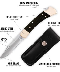 Buck Knives 110 Folding Hunter Lock-back Knife, Brass Bolsters, Ebony Handles, 3-3/4" 420HC Blade with Leather Sheath Classic 3.75" 34 71DeLr0RbuL