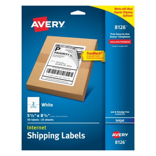 Avery Printable Shipping Labels, 5.5" x 8.5", White, 50 Blank Mailing Labels (8126) 50 labels