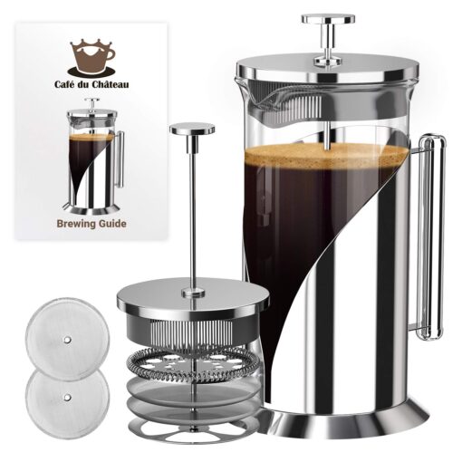 The Original Glass French Press Coffee Maker - Versatile Coffee Press, Tea Press w/ 4 Level Filtration, BPA Free French Press Stainless Steel Coffee Maker by Cafe Du Chateau (34oz)