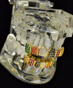 18K Gold Plated Clown Grillz Set Multi-Color CZ Bling Cubic Zirconia Top & Bottom Teeth Hip Hop Grills 8 71DqQTutHL