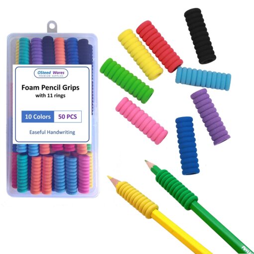 OSteed 50 Pcs Foam Pencil Grips of 11 Rings for Kids and Adults Handwriting, 10 Colors Pencil Holder Grippers for Relieving Fingers, Mechanical Pencil Holder Cushion