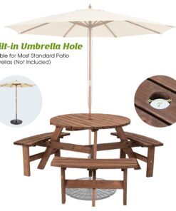 Giantex 6 Person Wooden Picnic Table Set with Wood Bench, with Umbrella Hold Design, Perfect for Outdoor Garden Yard Pub Beer Dining, Dark Brown 67"L×67" W×27.5" 21 71Du1TbA4ZL
