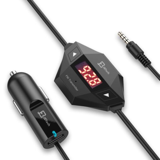 JETech Wireless FM Transmitter Radio Car Kit for Smart Phones Bundle with 3.5mm Audio Plug and Car Charger (Black) Black