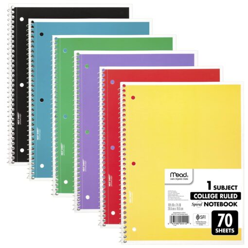 Mead Spiral Notebooks, 6 Pack, 1 Subject, College Ruled Paper, 7-1/2" x 10-1/2", 70 Sheets per Notebook, Color Will Vary (73065)