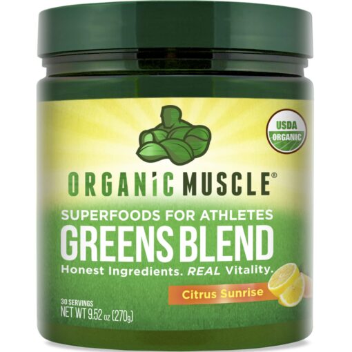 Organic Muscle Superfood Greens Powder Drink Mix - Organic Super Green Detox Supplement for Gut & Digestive Health with Spirulina, Chlorella, Probiotic & Prebiotic - Vegan & Non-GMO, 30 Servings Citrus Sunrise Greens X-Large (Pack of 1)